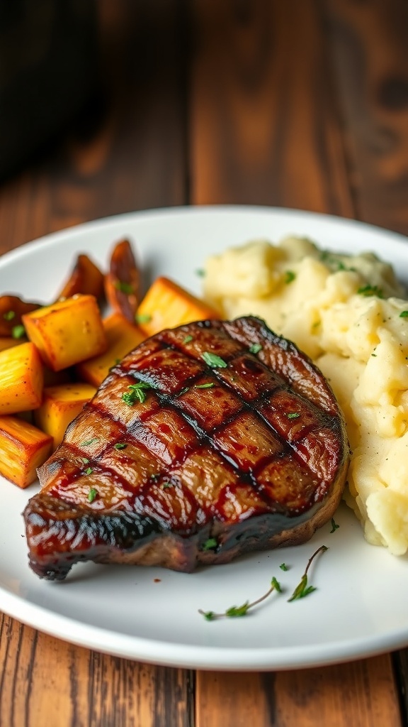 Air fryer top sirloin steak garnished with herbs, served with roasted vegetables and mashed potatoes on a rustic table.